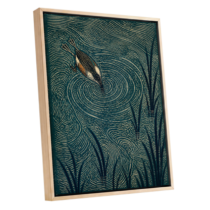 Reedwater Reverie, green, beige, black nature wall art shown as a oak framed canvas wall art