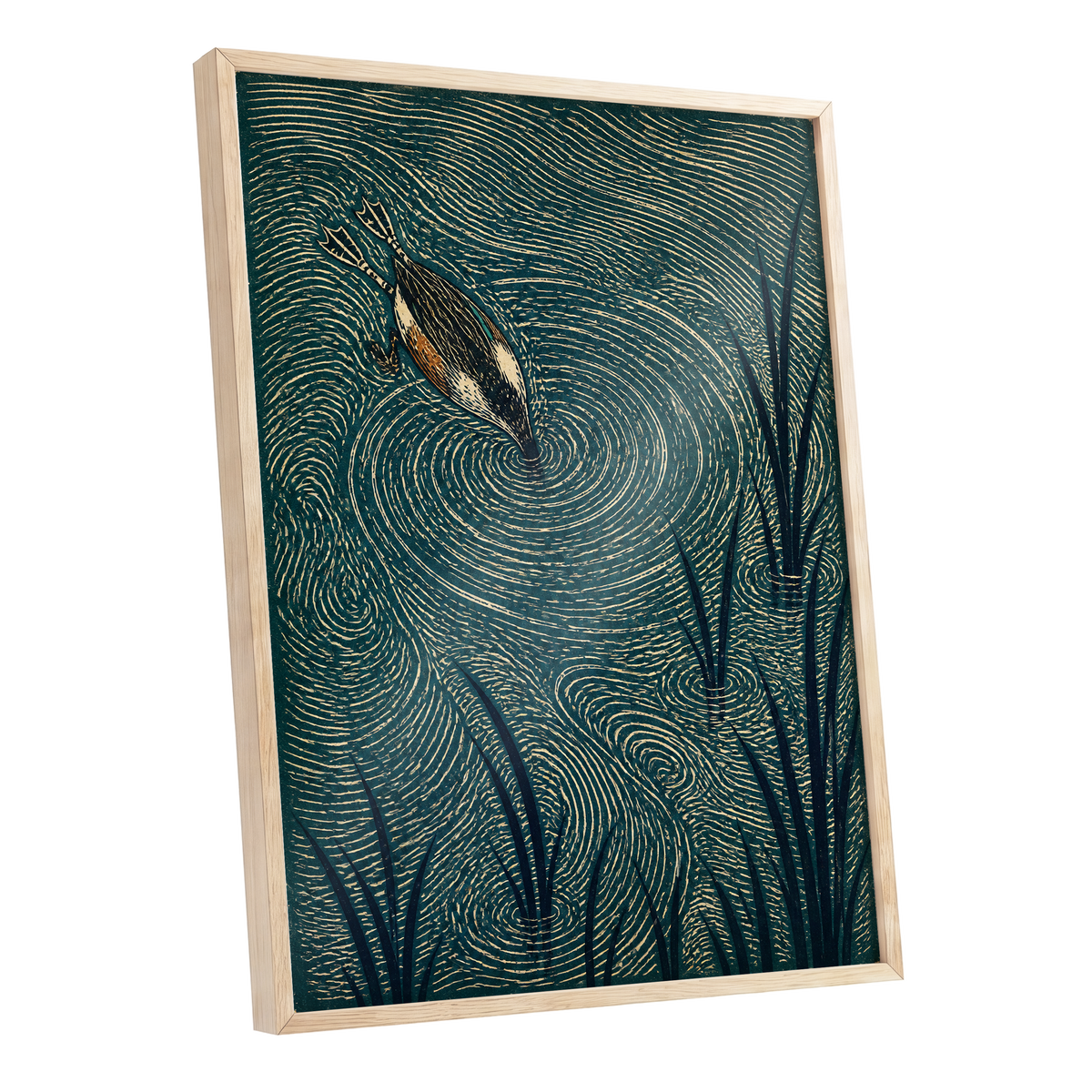 Reedwater Reverie, green, beige, black nature wall art shown as a oak framed poster wall art print