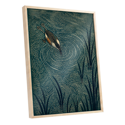 Reedwater Reverie, green, beige, black nature wall art shown as a oak framed poster wall art print