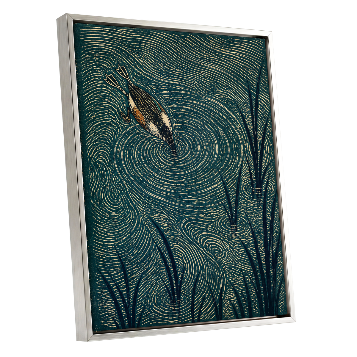 Reedwater Reverie, green, beige, black nature wall art shown as a silver framed canvas wall art
