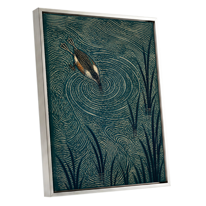 Reedwater Reverie, green, beige, black nature wall art shown as a silver framed canvas wall art
