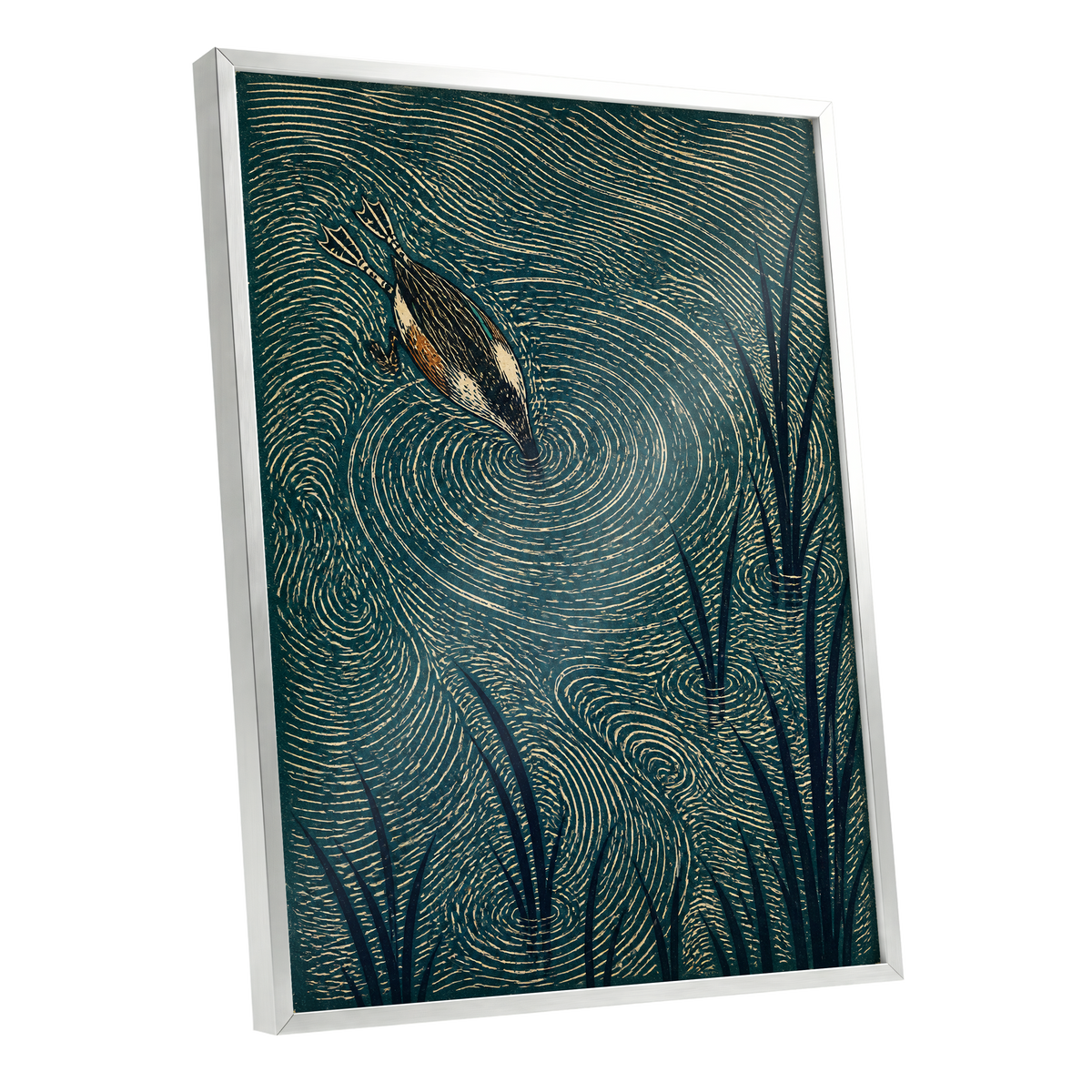 Reedwater Reverie, green, beige, black nature wall art shown as a silver framed poster wall art print
