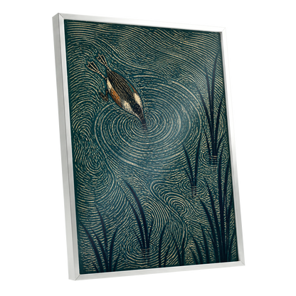 Reedwater Reverie, green, beige, black nature wall art shown as a silver framed poster wall art print