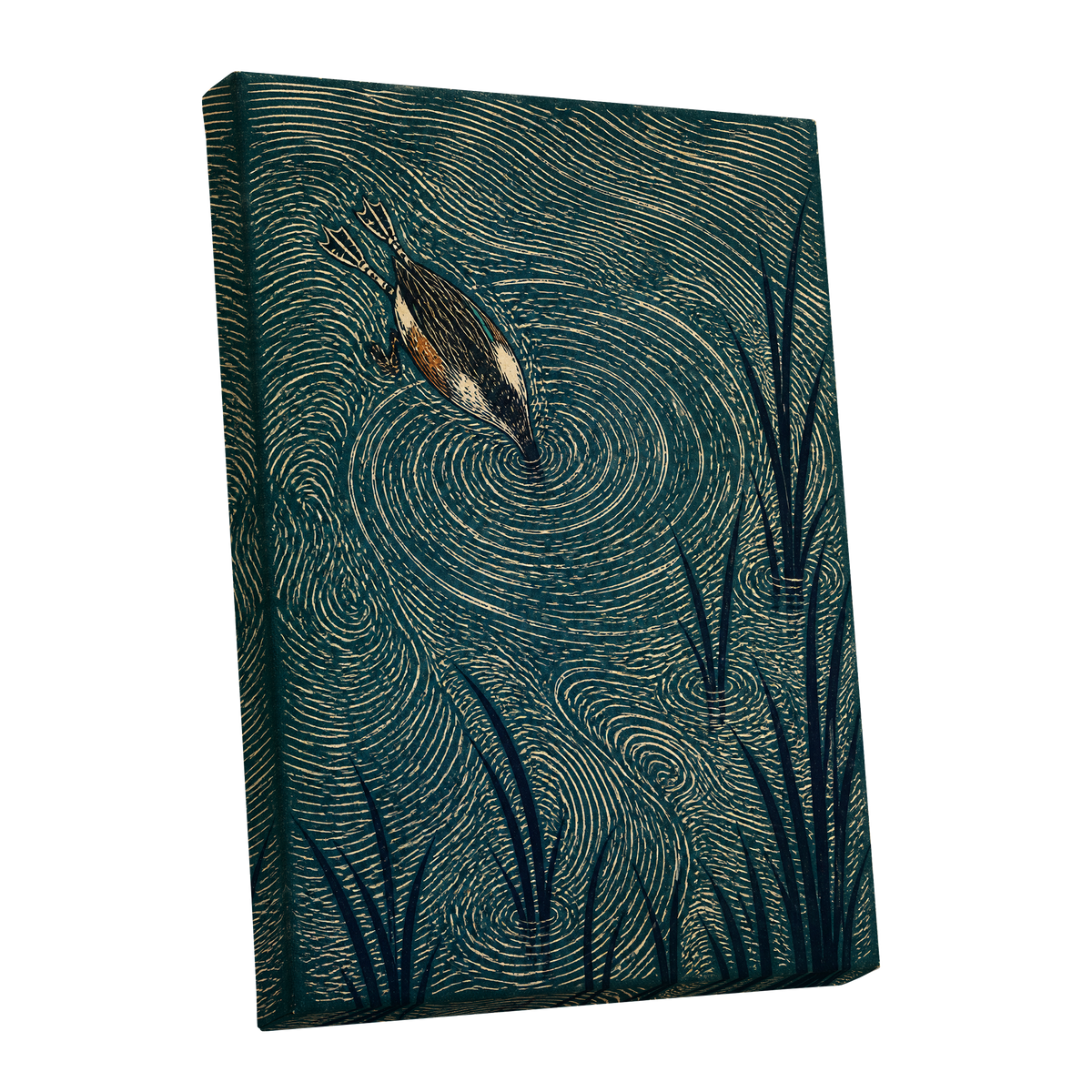 Reedwater Reverie, green, beige, black nature wall art shown as a stretched canvas wall art