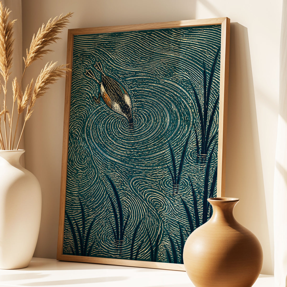 Reedwater Reverie, green, beige, black nature wall art displayed in a styled interior, gallery view 2