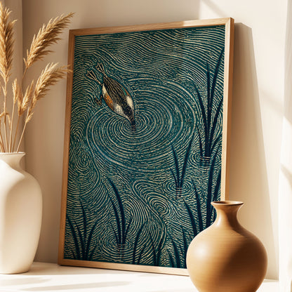Reedwater Reverie, green, beige, black nature wall art displayed in a styled interior, gallery view 2