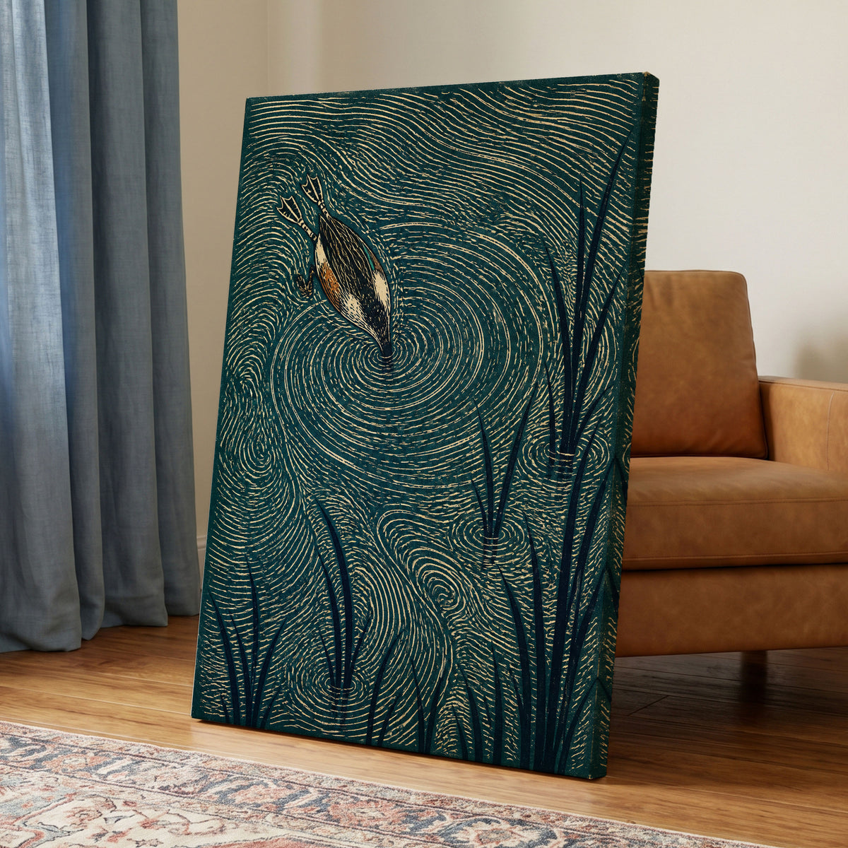 Reedwater Reverie, green, beige, black nature wall art displayed in a styled interior, gallery view 3