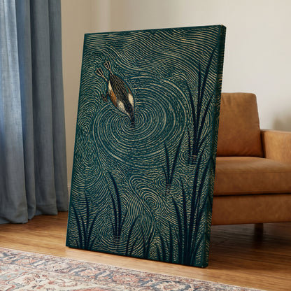 Reedwater Reverie, green, beige, black nature wall art displayed in a styled interior, gallery view 3