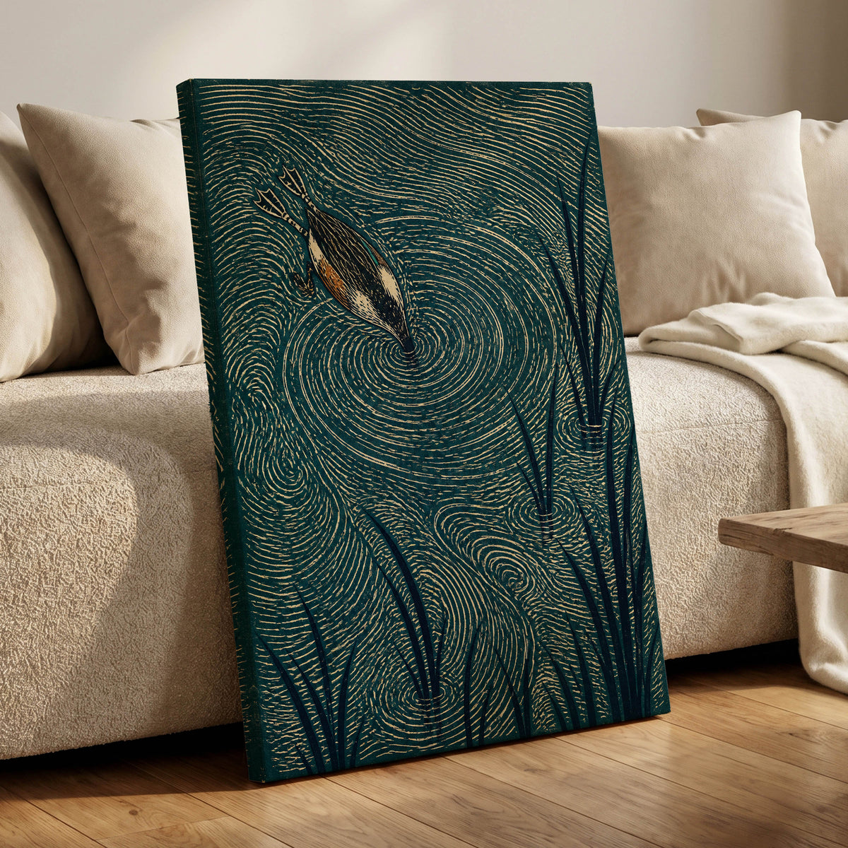 Reedwater Reverie, green, beige, black nature wall art displayed in a styled interior, gallery view 7