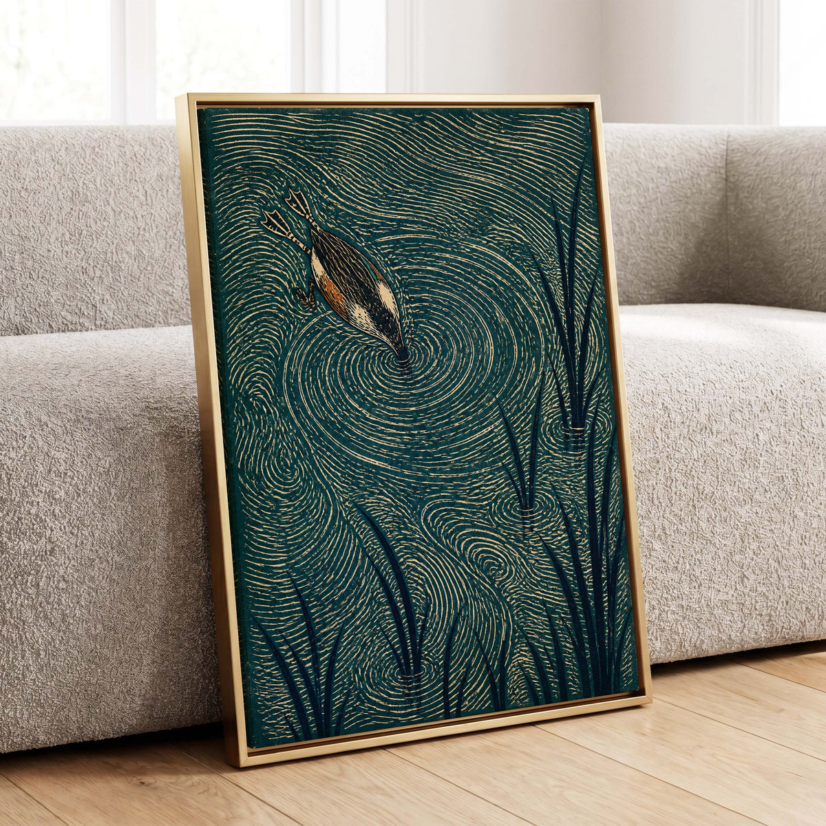 Reedwater Reverie, green, beige, black nature wall art displayed in a styled interior, gallery view 8