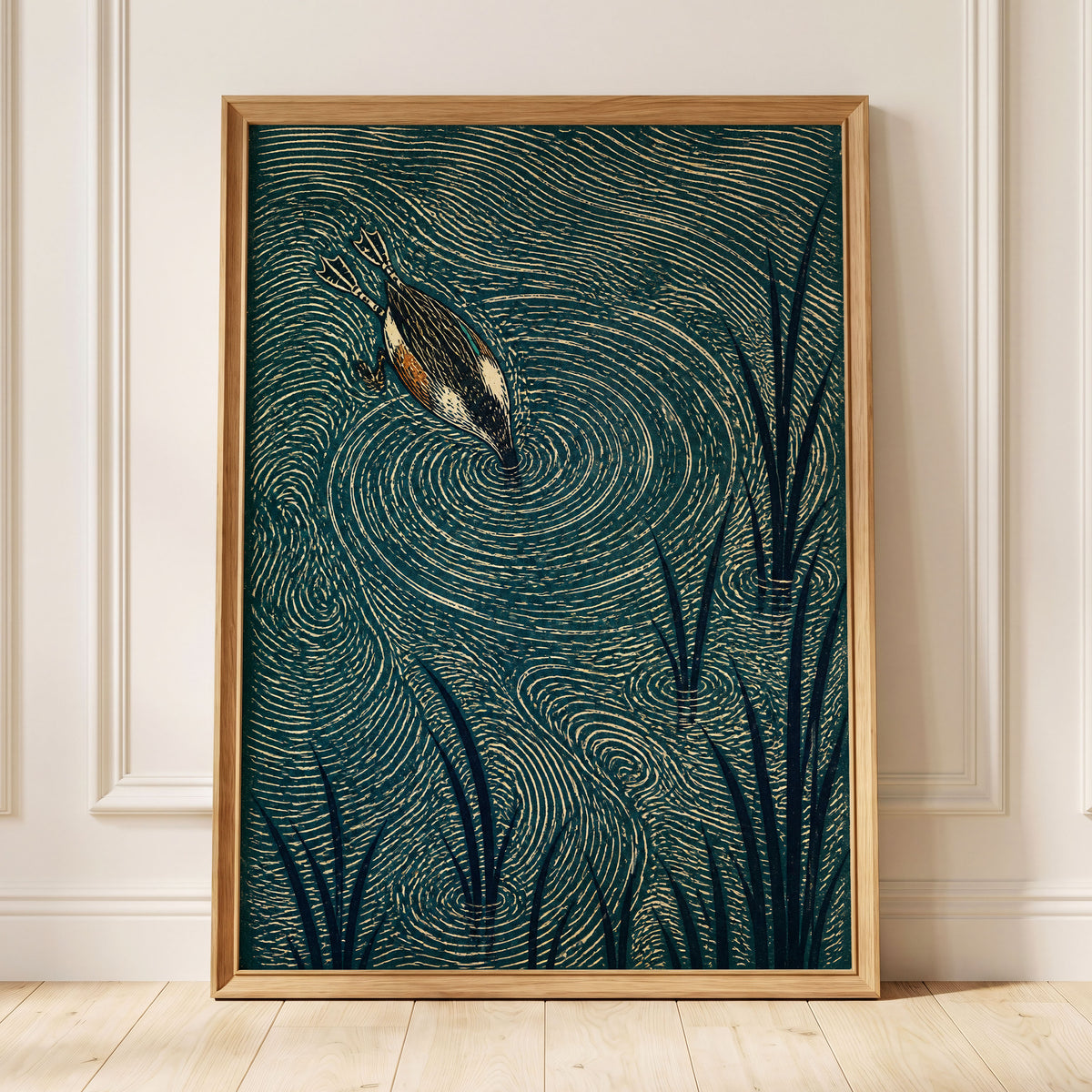 Reedwater Reverie, green, beige, black nature wall art displayed in a styled interior, gallery view 9