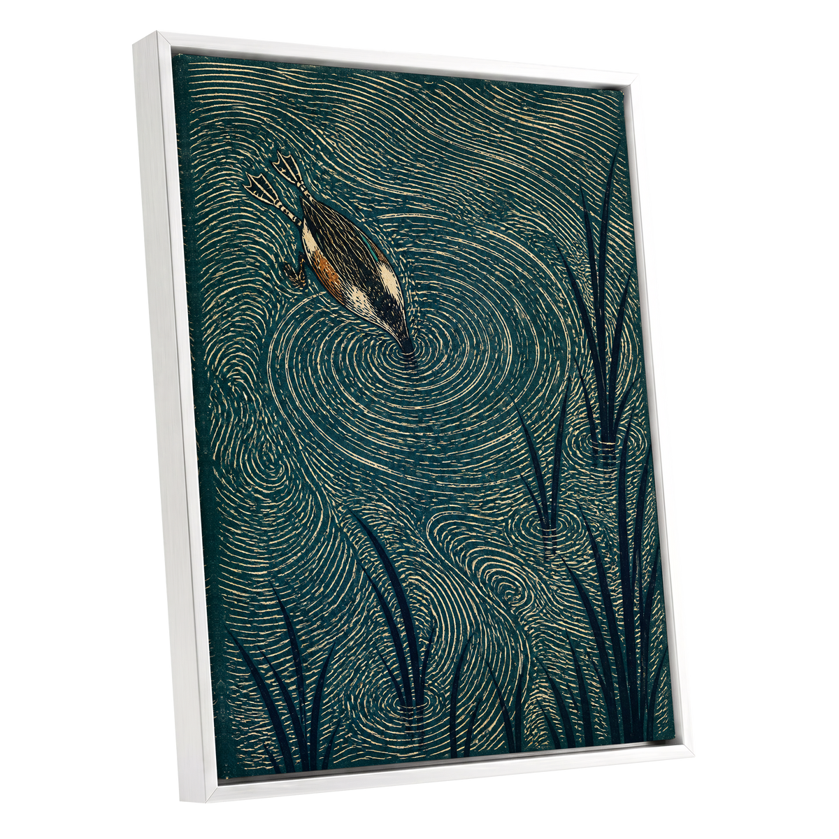 Reedwater Reverie, green, beige, black nature wall art shown as a white framed canvas wall art