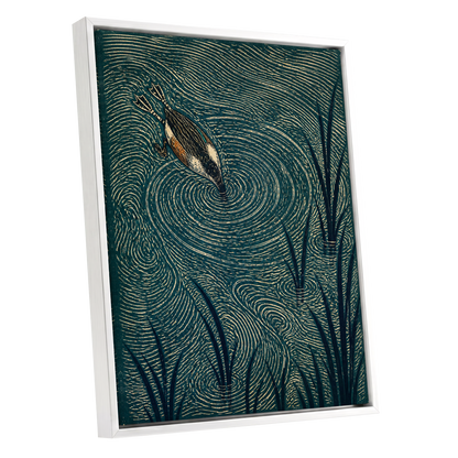 Reedwater Reverie, green, beige, black nature wall art shown as a white framed canvas wall art