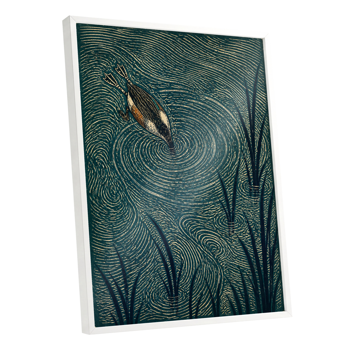 Reedwater Reverie, green, beige, black nature wall art shown as a white framed poster wall art print