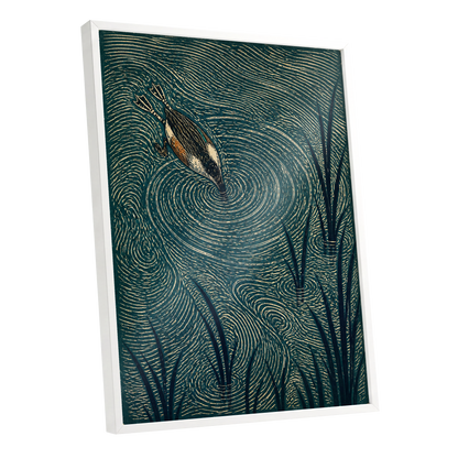 Reedwater Reverie, green, beige, black nature wall art shown as a white framed poster wall art print
