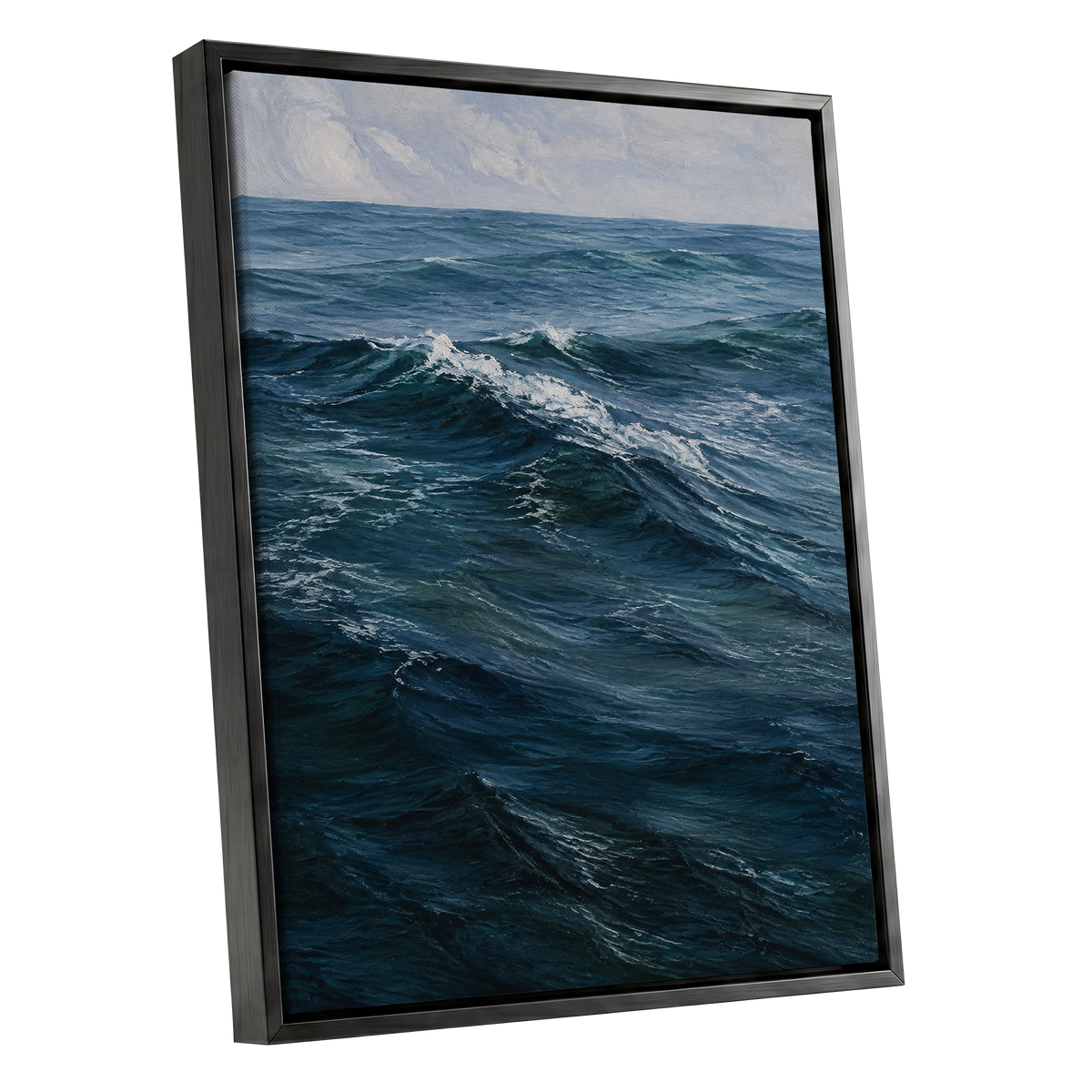 Restless Blue, blue, gray, white nature wall art shown as a black framed canvas wall art