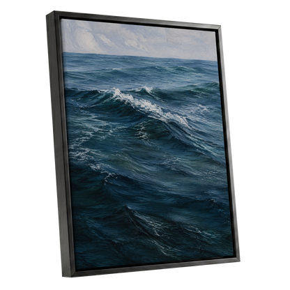 Restless Blue, blue, gray, white nature wall art shown as a black framed canvas wall art