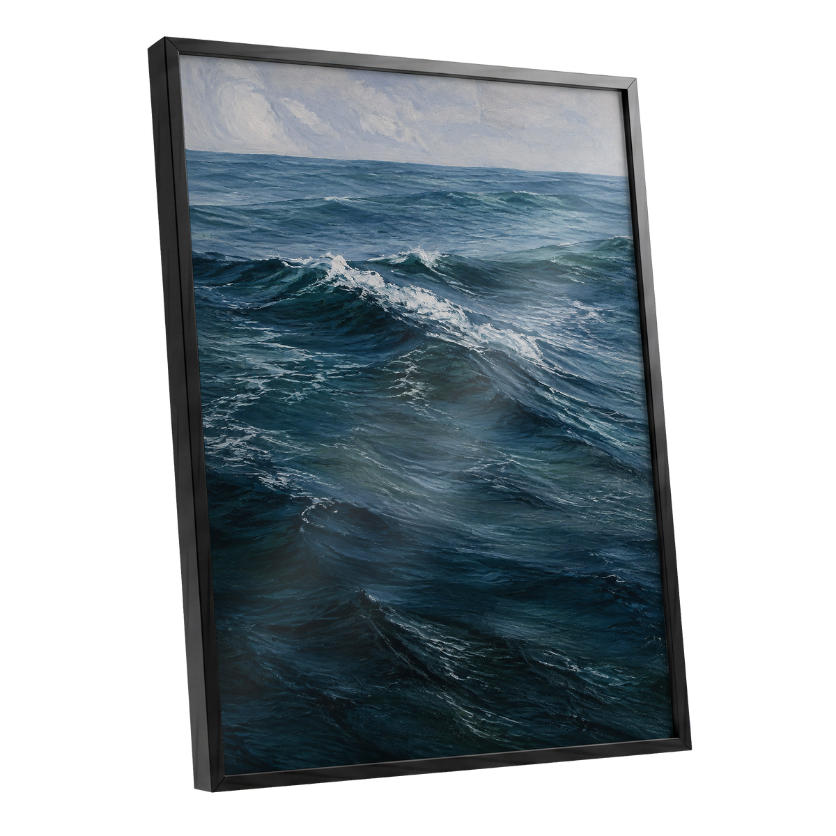 Restless Blue, blue, gray, white nature wall art shown as a black framed poster wall art print