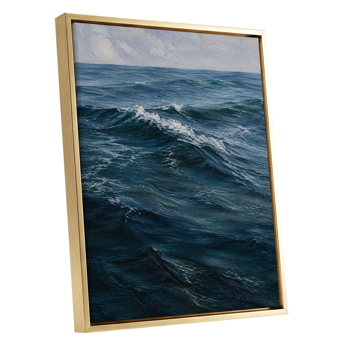 Restless Blue, blue, gray, white nature wall art shown as a gold framed canvas wall art