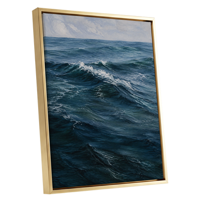 Restless Blue, blue, gray, white nature wall art shown as a gold framed canvas wall art
