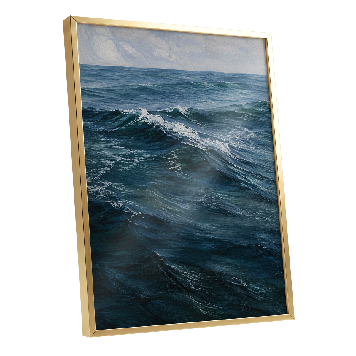 Restless Blue, blue, gray, white nature wall art shown as a gold framed poster wall art print