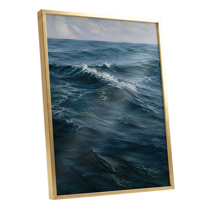 Restless Blue, blue, gray, white nature wall art shown as a gold framed poster wall art print