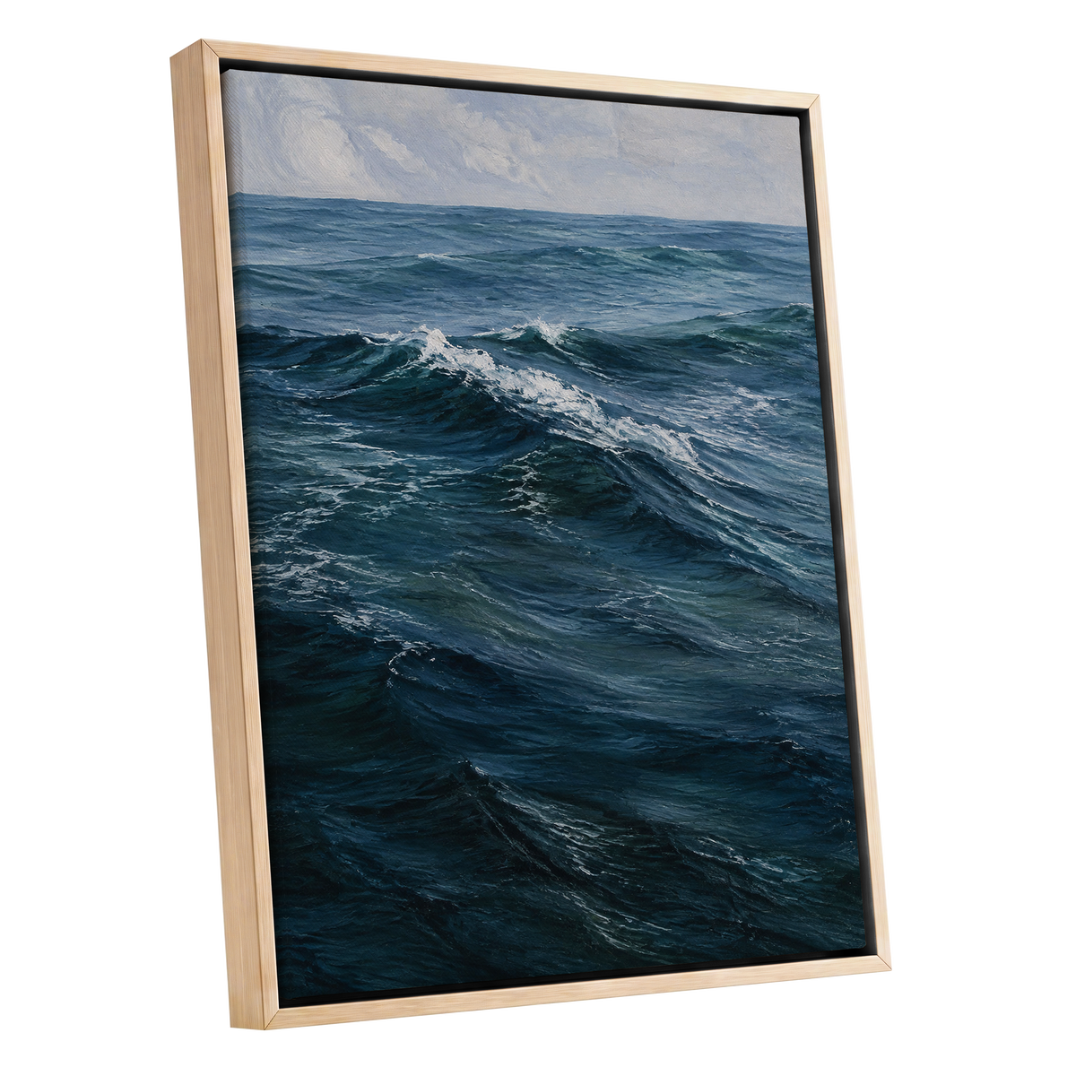 Restless Blue, blue, gray, white nature wall art shown as a oak framed canvas wall art