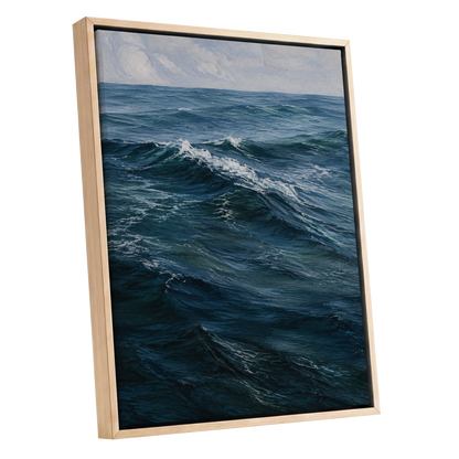 Restless Blue, blue, gray, white nature wall art shown as a oak framed canvas wall art