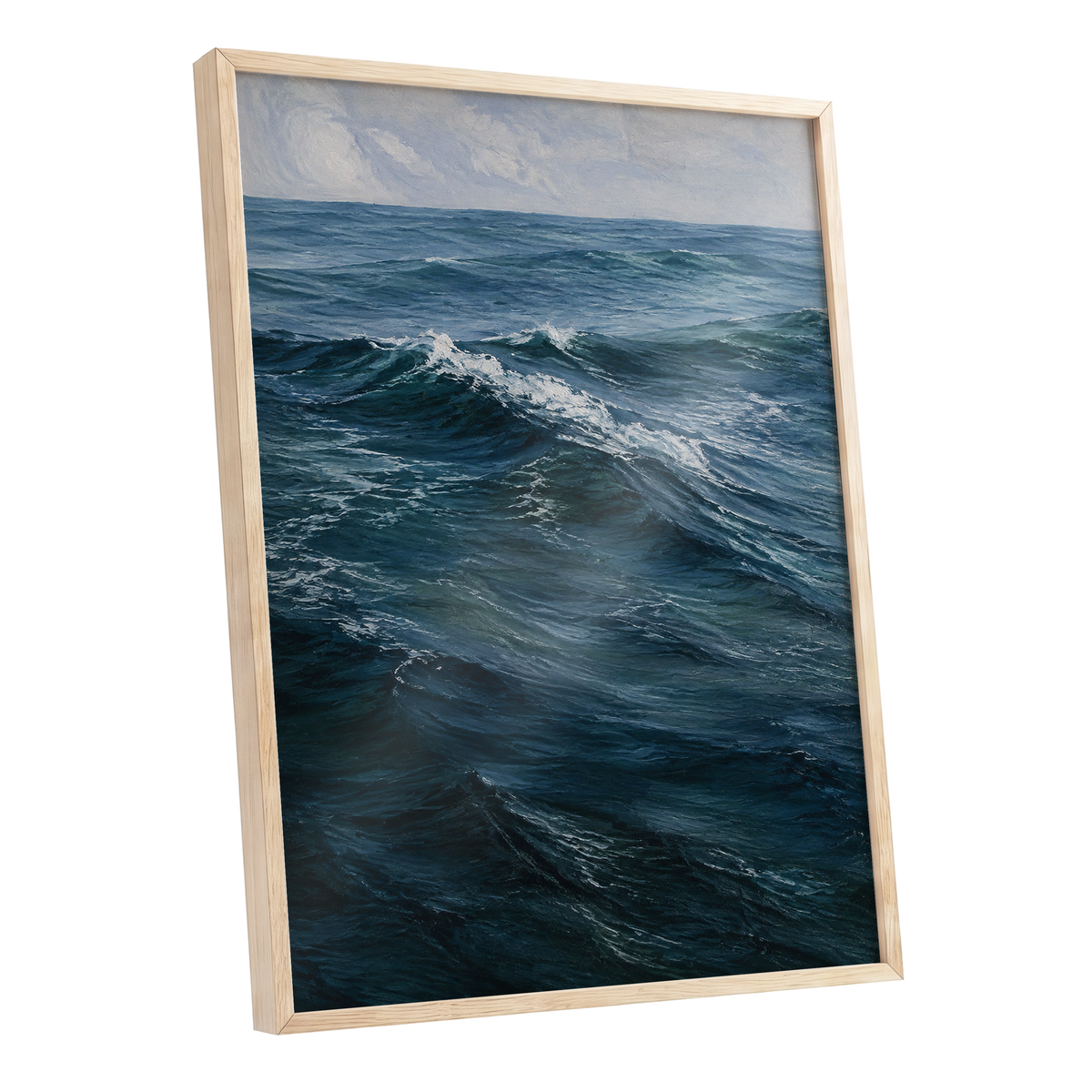 Restless Blue, blue, gray, white nature wall art shown as a oak framed poster wall art print
