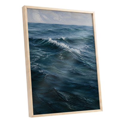 Restless Blue, blue, gray, white nature wall art shown as a oak framed poster wall art print