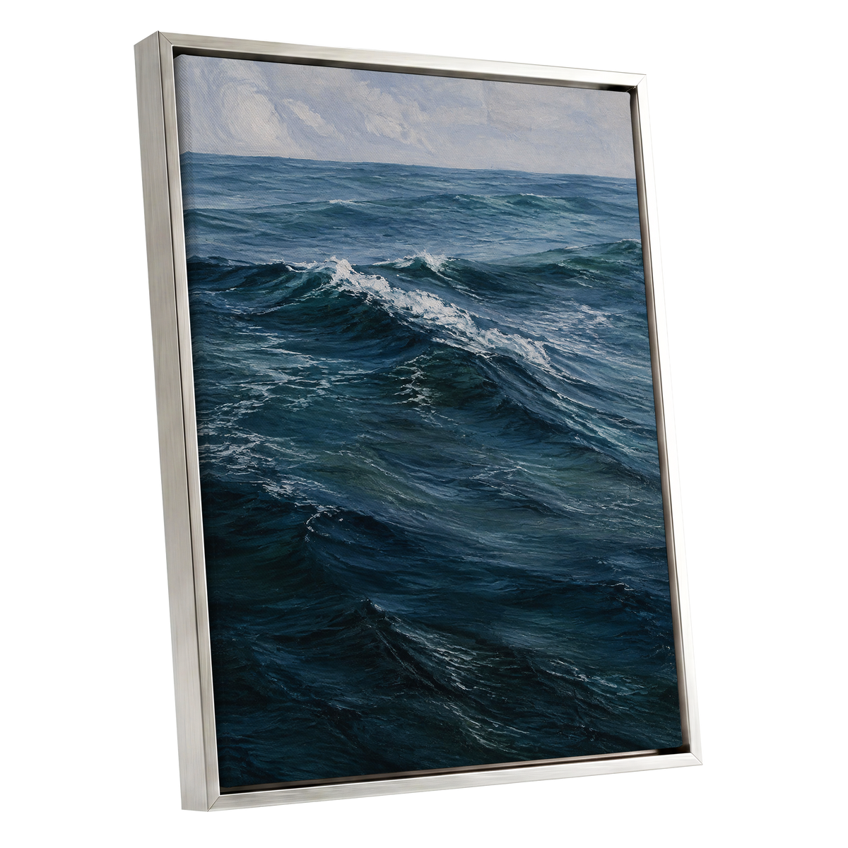 Restless Blue, blue, gray, white nature wall art shown as a silver framed canvas wall art