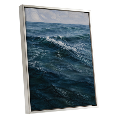 Restless Blue, blue, gray, white nature wall art shown as a silver framed canvas wall art
