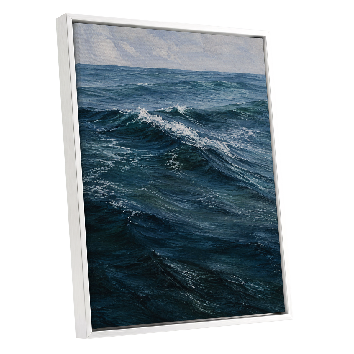 Restless Blue, blue, gray, white nature wall art shown as a white framed canvas wall art