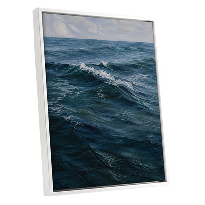 Restless Blue, blue, gray, white nature wall art shown as a white framed canvas wall art