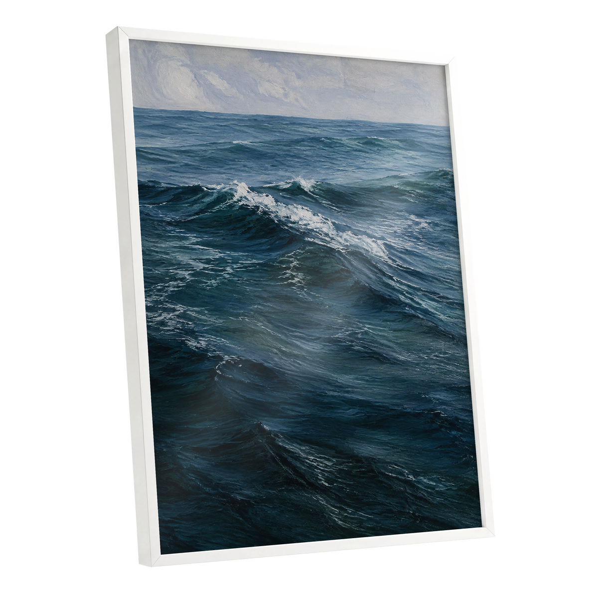 Restless Blue, blue, gray, white nature wall art shown as a white framed poster wall art print