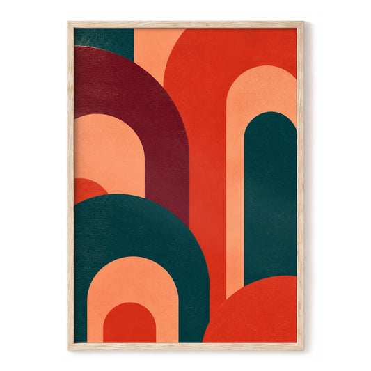 Retro Arch Rhythm, red, orange, green abstract wall art, front artwork view