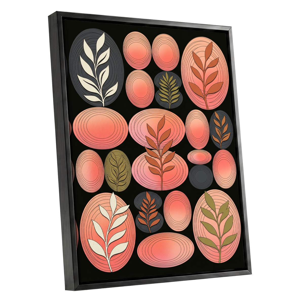 Retro Botanical Ovals, pink, black, brown nature wall art shown as a black framed canvas wall art