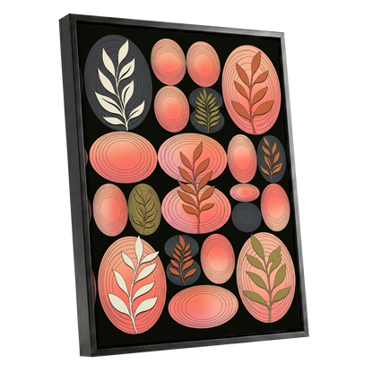 Retro Botanical Ovals, pink, black, brown nature wall art shown as a black framed canvas wall art
