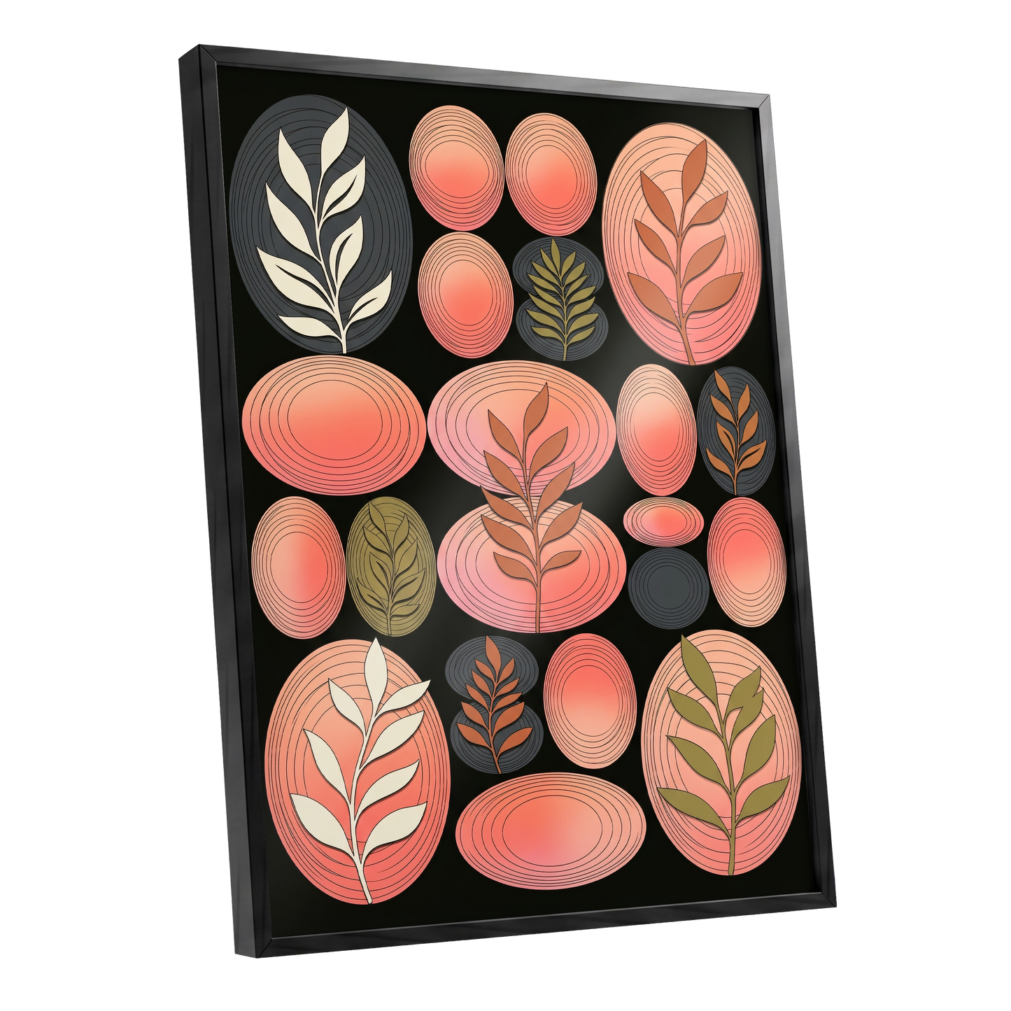 Retro Botanical Ovals, pink, black, brown nature wall art shown as a black framed poster wall art print