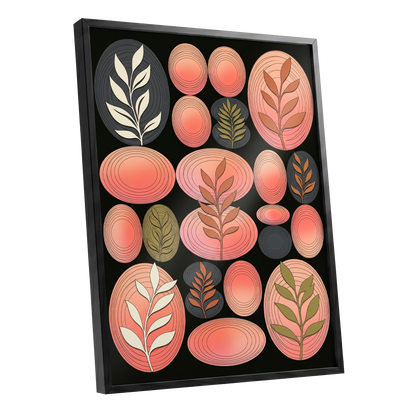 Retro Botanical Ovals, pink, black, brown nature wall art shown as a black framed poster wall art print