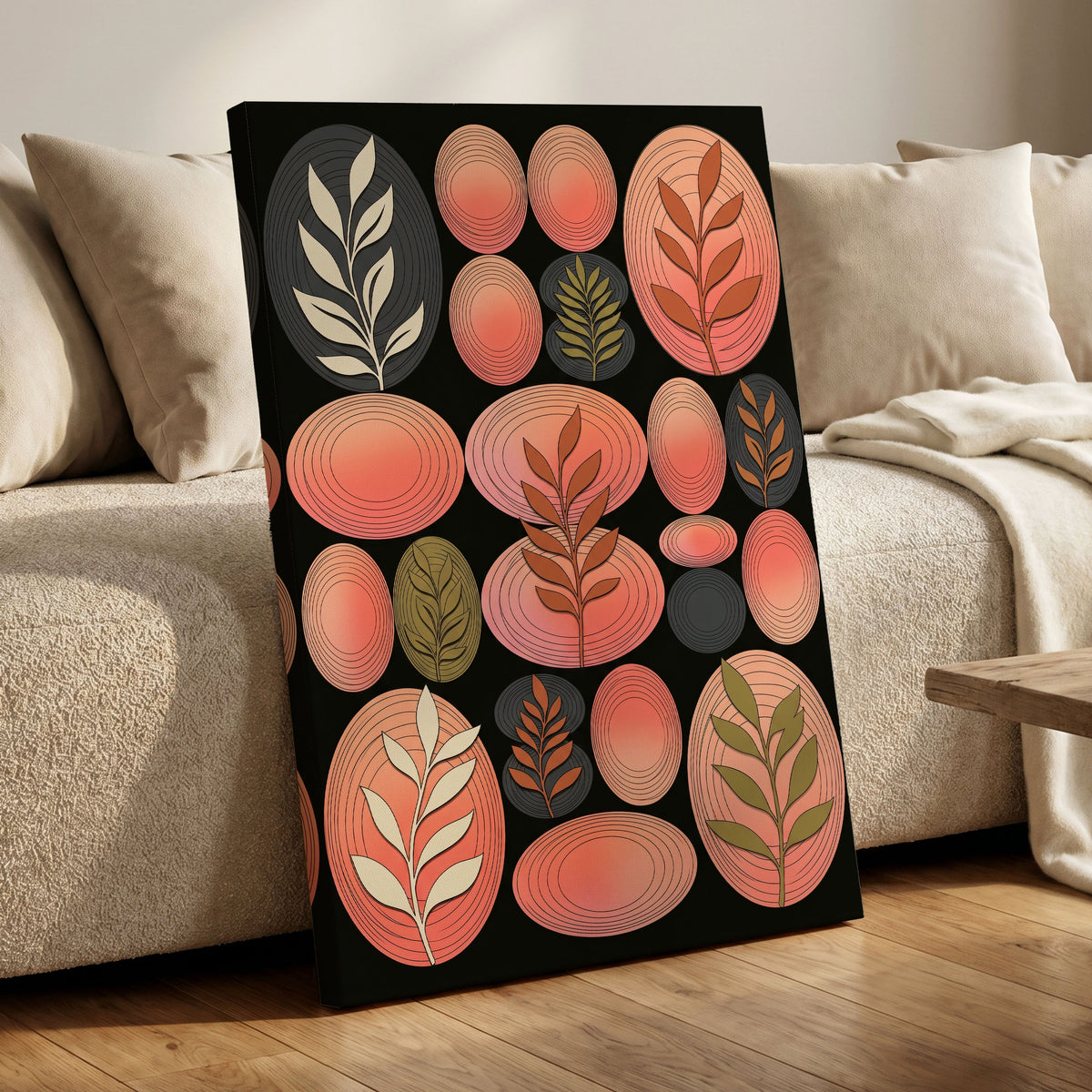 Retro Botanical Ovals, pink, black, brown nature wall art on canvas displayed in a styled interior, gallery view 1