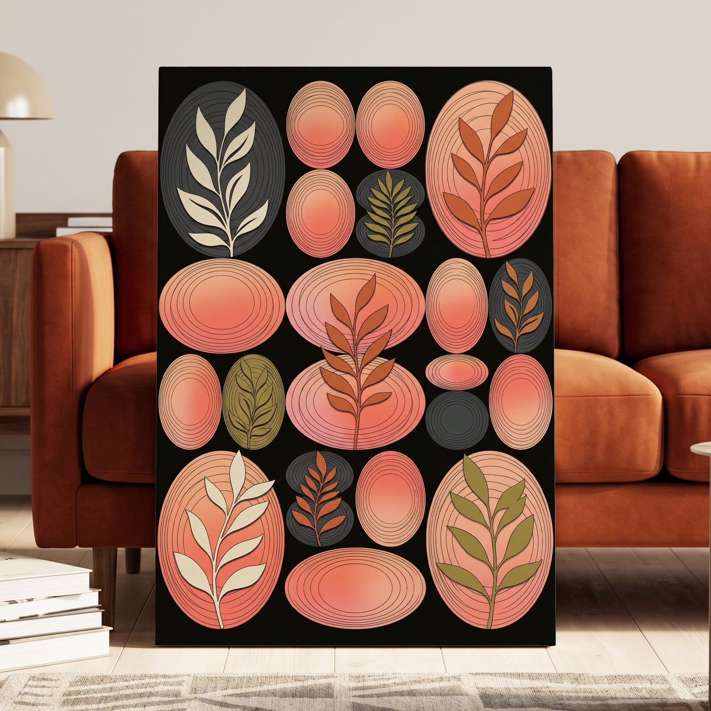 Retro Botanical Ovals, pink, black, brown nature wall art on canvas displayed in a styled interior, gallery view 2
