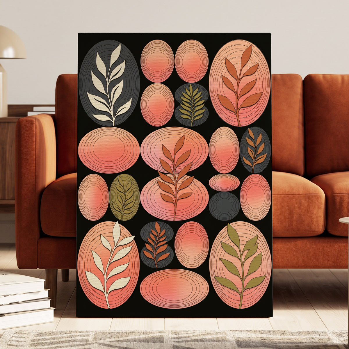 Retro Botanical Ovals, pink, black, brown nature wall art on canvas displayed in a styled interior, gallery view 2