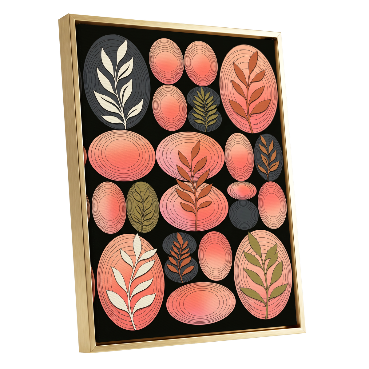 Retro Botanical Ovals, pink, black, brown nature wall art shown as a gold framed canvas wall art