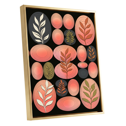 Retro Botanical Ovals, pink, black, brown nature wall art shown as a gold framed canvas wall art