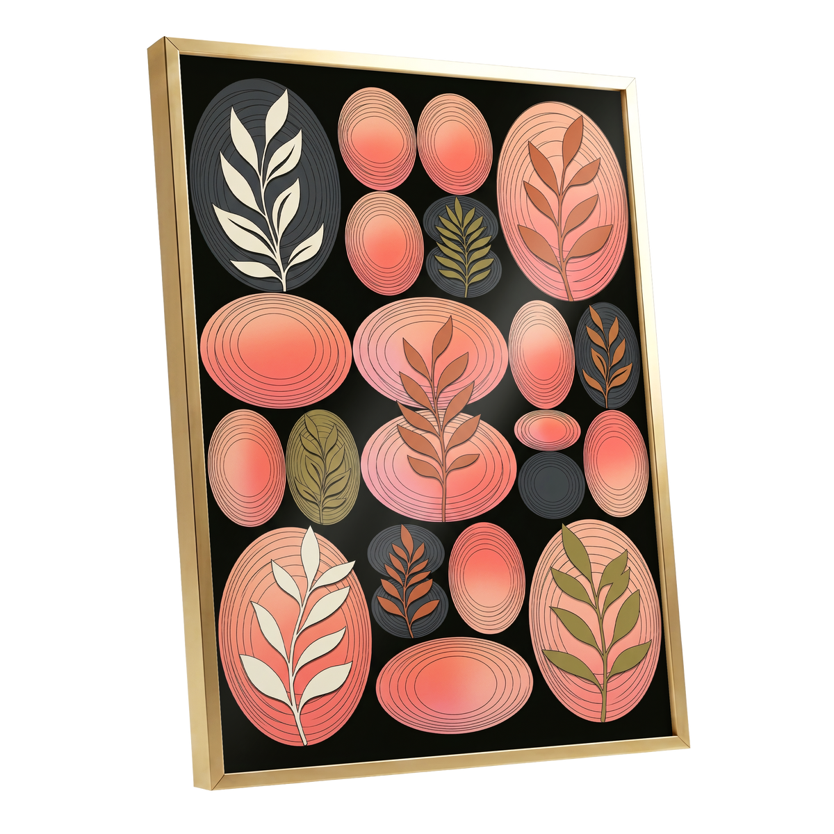 Retro Botanical Ovals, pink, black, brown nature wall art shown as a gold framed poster wall art print