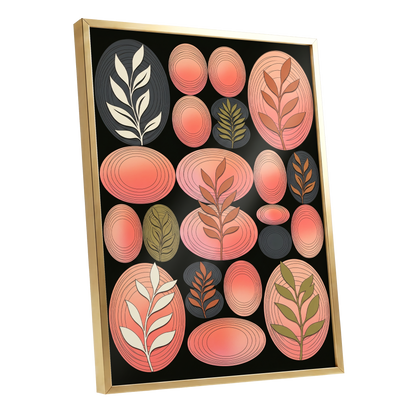 Retro Botanical Ovals, pink, black, brown nature wall art shown as a gold framed poster wall art print
