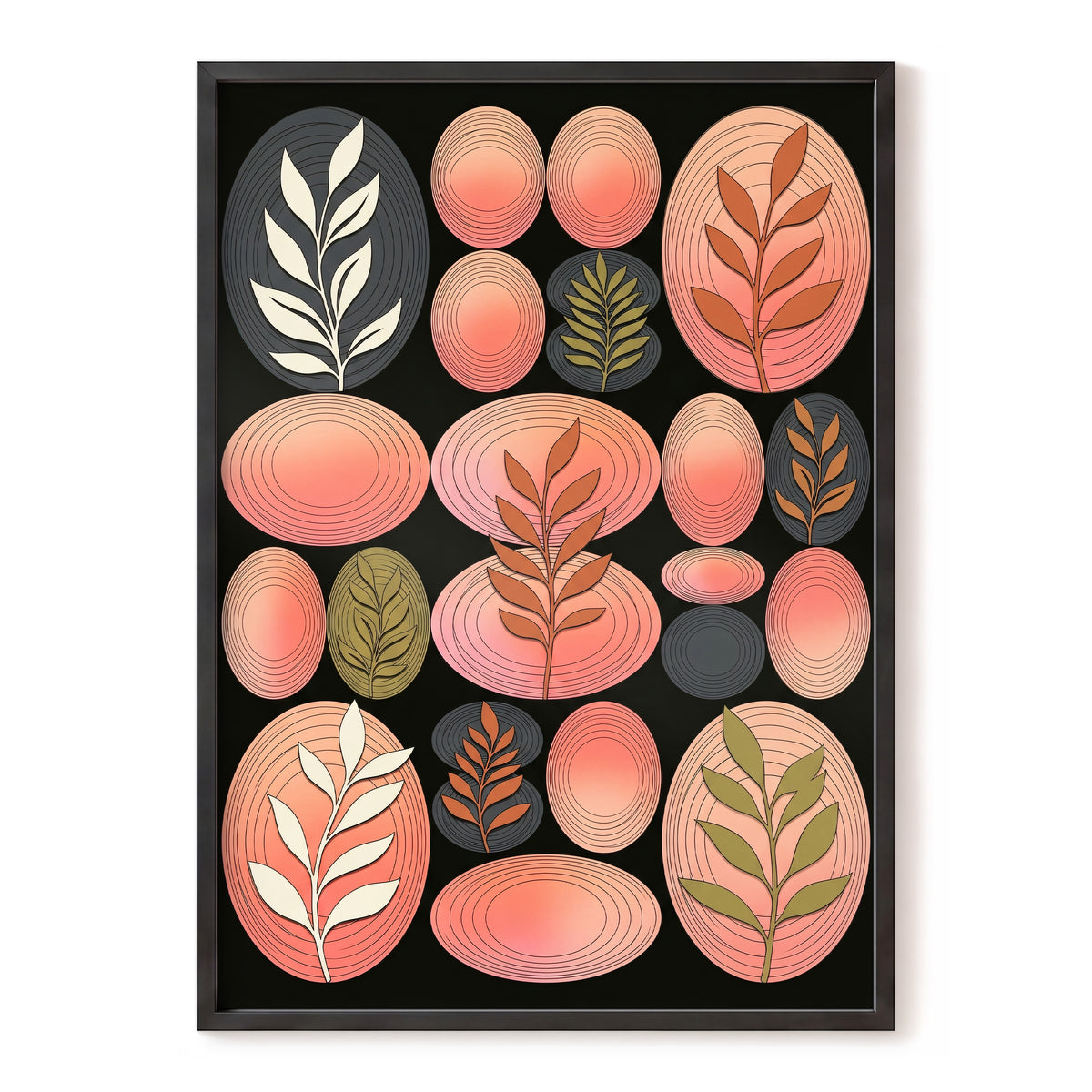 Retro Botanical Ovals, pink, black, brown nature wall art, front artwork view