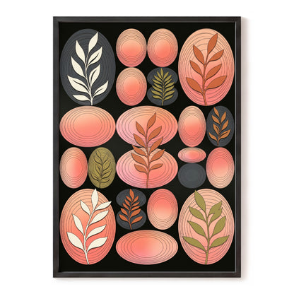 Retro Botanical Ovals, pink, black, brown nature wall art, front artwork view