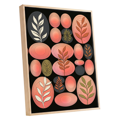 Retro Botanical Ovals, pink, black, brown nature wall art shown as a oak framed canvas wall art